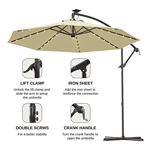 East Oak Offset Patio Umbrella, 10Ft Hanging Cantilever Outdoor Umbrellas With 40 Solar Lights,8 Ribs,Waterproof Uv 30+ Protection And Fade Resistant Outdoor Umbrella, Beige #TOP3