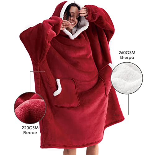 Eheyciga Wearable Blanket Hoodie For Women Men And Kids, Reversible Flannel Fleece Ultra Soft Plush Fuzzy Warm Sherpa Blanket Hoodie For Adult With Big Pockets, Red, Regular Oversize #TOP1