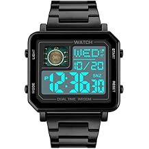 Reginald Watches for Men Fashion Trend Multifunction Outdoor Sports Watch EL Light Large Digital Display Chronograph Stainless Steel Square Watches