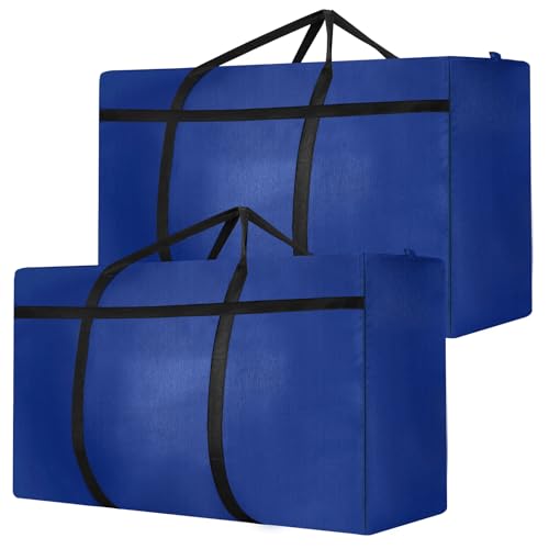 Dntorx 2 Stück 120L Große Aufbewahrungstasche, Oxford Heavy-Duty Umzugstaschen mit Reißverschluss Handgriff Umzugskartons Groß Reisetasche Tragetasche für Bettdecken Kleidung Bettwäsche (Blau)