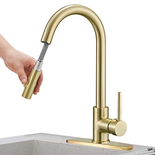 Hoimpro High-Arc Single Handle Kitchen Sink Faucet With Pull Out Sprayer, Modern Rv Kitchen Faucet With Pull Down Sprayer, Touch Water Faucet, Brass/Brushed Gold(1 Or 3 Hole) #TOP9