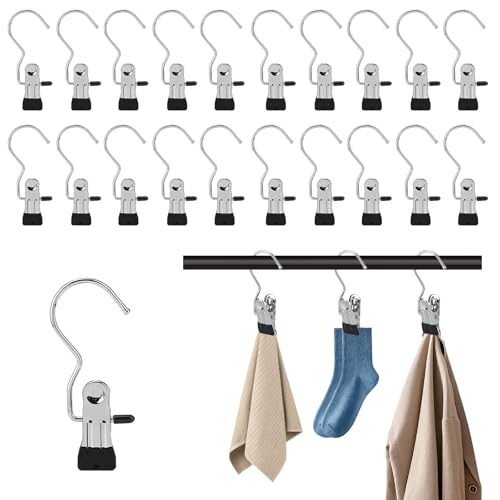20 Metallo Ganci con Clip Antiscivolo, Ganci Appendiabiti, Appendini per Pantaloni, Appendistivali Girevole a 360°, Grucce Appendiabiti con Pinze per Pantaloni, Scarpe, Asciugamani, Cappelli, Calzini
