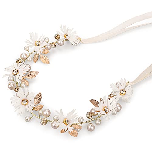 ASTER Serre-tête de mariée avec fausses perles et fleurs pour demoiselle d'honneur - Accessoire de cheveux pour filles et femmes