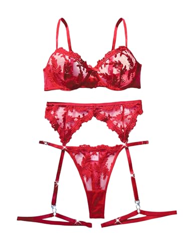 Image of Lilosy Sexy Leaf Floral Embroidered Mesh Sheer Women Underwire Push Up Lingerie Set