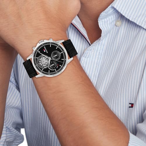 Image of Tommy Hilfiger Multifunction Black Dial Leather Strap Watch for Men