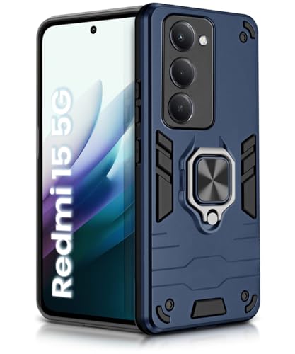 Image of WOW IMAGINE Shock Proof Back Case Mobile Cover for Mi Redmi 15 5G | Back Cover Case (Tough Armor | Hybrid PC + TPU | Ring Holder & in-Built Kickstand | Blue)