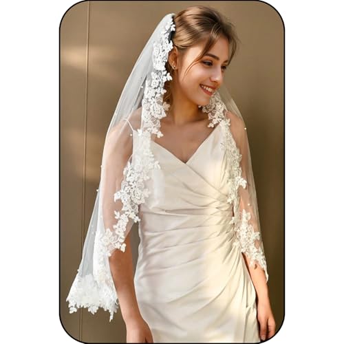 Fubney Wedding Veil Pearls Lace Flower Bridal Veil,1 Tier Cathedral Length Fingertip Length Veil Bride Veil with Metal Comb（39 in White）