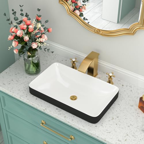 Vessel Bathroom Sink-Beslend Semi Recessed Black&White 19x12 Above Counter Rectangular Ceramic Wash Sinks Top Counter Porcelain Modern Art Basin