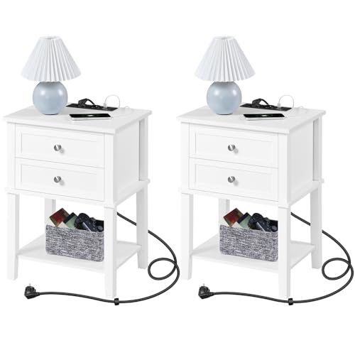Yaheetech 2pcs Mesitas de Noche con Estación de Carga USB Mesillas de con Cajones y 1 Estante Mesas