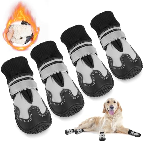 Eyein Hundeschuhe Pfotenschutz Winter, 4 Stück Wasserabweisend Windschutz Hundeschuhe mit warmem Fleece und hohem Design, Reflektierende und rutschfeste Hunde Schuhe Outdoor, (Größe 2, Weiße Nähte)