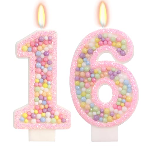 FAMGift Pink Birthday Candles - Number 16 Candle Colorful Macaron Candles Sweet 16 Cake Topper 16 Birthday Decorations for Girls Sweet Theme Party Supplies (Pink)
