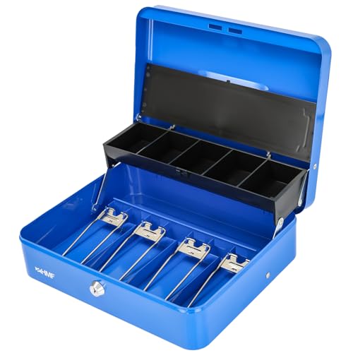 HMF 15230-05 - Caja de caudales con cerradura con compartimento para monedas y 4 compartimentos para billetes con pinza | 30 x 24 x 9 cm | Azul