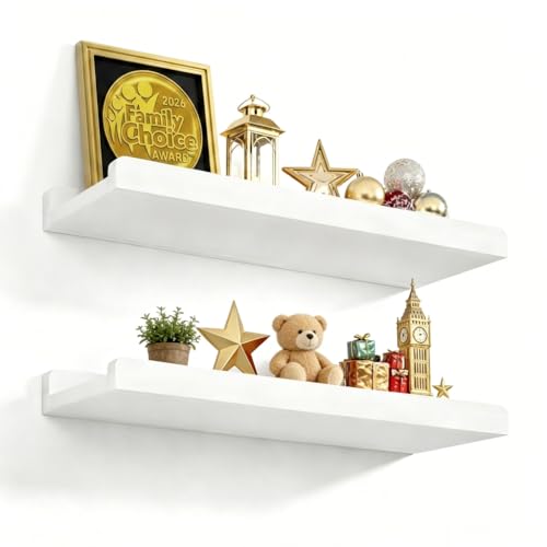 Love-KANKEI Floating Shelves Wall Mounted Set of 2, 17 Inch Rustic Wood Wall Shelves for Storage, Bedroom Living Room Bathroom Kitchen Office and More White
