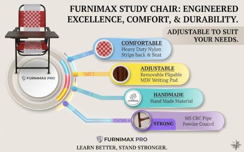 Image of Adjustable Writing Pad Study Desk Chair | Mild Steel Foldable Frame | Comfortable Red & White Nylon Niwar Seat | Ideal for Coaching, Home, Kids, Students, Office, Study Room Use (Red & White)