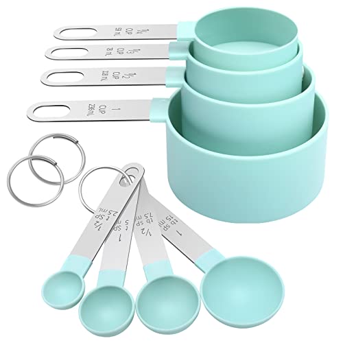 Measuring Cups Set Measuring Spoons Set, Nesting Measure Cups with Stainless Steel Handle, For Measuring Dry and Liquid Ingredients Small Teaspoon with Plastic Head (Mint Green)