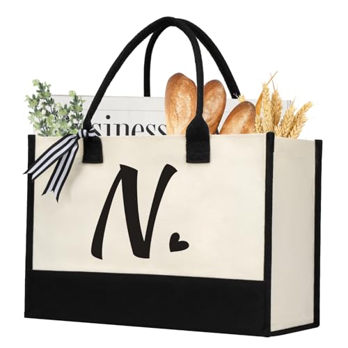 shenee Initial Canvas Tote Bag, Personalized Beach Jute Bag Present for Women Holiday,...