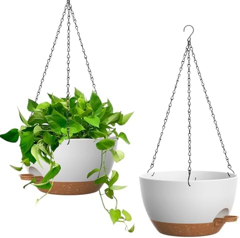 Homeuouz 25cm Selbstbewässernde Hängende Blumenampel 2er-Set – Blumentopf Hängend Innen & Außen, Hängeblumentöpfe mit Drainage für Balkon, Wohnzimmer, Küche,Weiß mit Braun