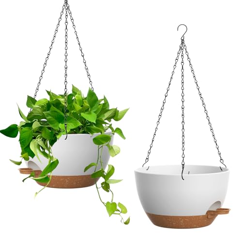 Homeuouz 25cm Selbstbewässernde Hängende Blumenampel 2er-Set – Blumentopf Hängend Innen & Außen, Hängeblumentöpfe mit Drainage für Balkon, Wohnzimmer, Küche,Weiß mit Braun