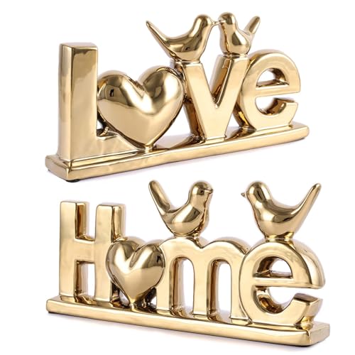 PlivBloom Love Sign Decor,Gold Room Decor Aesthetic, Knick Knack Shelf,Bird Decor, Boho Bookshelf,Abstract Statue,for Living Room,Bedroom, Contemporary Tv Stand Set of 2 (2, Gold Plated)
