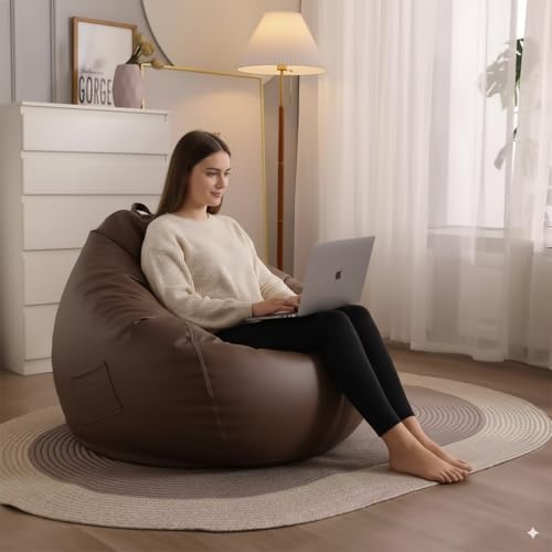 Image of 4XL Leatherette Bean Bag Chair with Footrest & Cushion with Beans Filled (Ready to Use) Color- (Brown, Bean Bag Only)