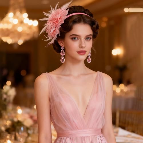 Image of DRESHOW Womens Fascinators Hats Tea Party Hats for Women Pearl Lace Feather Hat Vintage Derby Hats for Wedding Cocktail