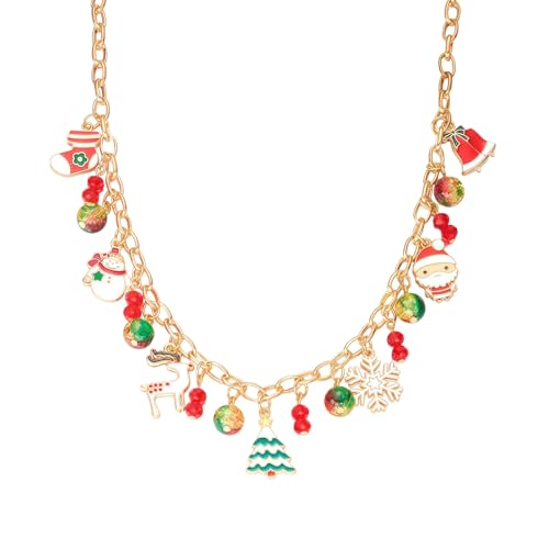 Fashionable Colorful Beaded Charm Necklace for Women, Alloy Snowflake Reindeer Christmas Tree Pendant Necklace, Perfect for Daily Wear, Office, Vacation & Gift, Versatile Statement Jewelry