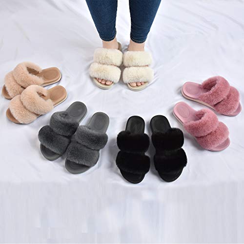COFACE Womens Fur Sliders Plush Fluffy Slippers Memory Foam Flat Sandals for Ladies Arch Support Nonslip Fur Slides House Shoes Indoor Outdoor