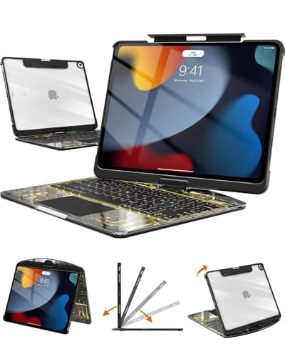 Image of Wireless Keyboard Case for iPad 9th (7th, 8th, and 9th Gen) 10.2 Inch, Transparent Protective Cover with 7-Color Backlit Keyboard, 360 Rotating Stand, Multi-Touch Trackpad and Pencil Holder