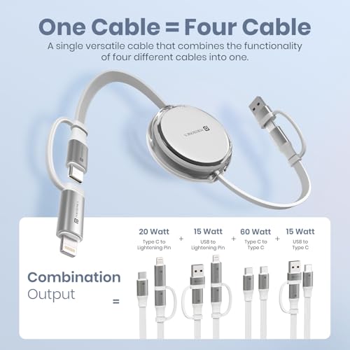 Image of Portronics 60W Quadline 4-In-1 Multifunctional Fast Charging Retractable Cable With Multiple Port & Strong Heads, Strong, Type C, Lightening, USB A, Fast Data Sync, 1M Cable Length (White)