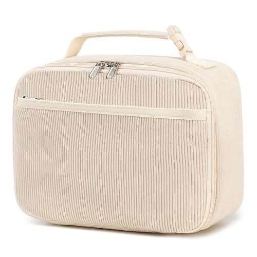 GODWOODS Cute Lunch Bag for Women & Men Corduroy Small Lunch Box with Cooler & Organizer Compartments Insulated Lunch Tote Bag for Travel Work (Beige)