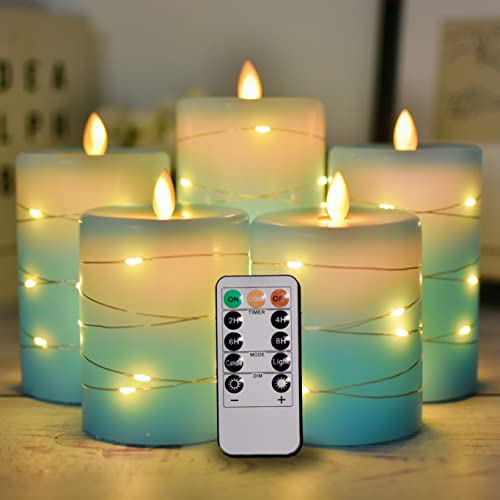 NICEME 5PCS Flameless Candles with Embedded String Lights Sky Blue Battery Operated Electric Pillar Candle Flickering 3D Teardrop Black Wick Real Wax Fake Candle with 11-Key Remote Timer
