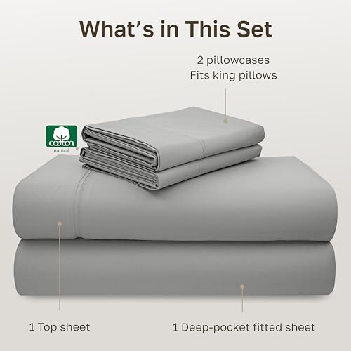 Image of California Design Den Deep Pocket King Sheets Set - Luxury 600 Thread Count 100% Cotton Sateen, King Size Sheet Set with All Around Elastic for a Snug Fit, Durable Bedding - Light Grey