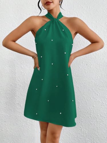 Image of Floerns Women's Pearl Beaded Halter Twist Sleeveless Tie Back Dress A Line Dress