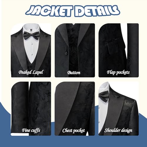 Tuxedo for Men Slim Fit 3 Pieces Peaked Lapel Printed Suits Blazer Vest Pants Prom Party Banquet Business3