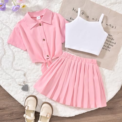 Image of HIHA Girls 3 Piece Outfit Cami Crop Tops Skirt Set with Button Down Shirts Size 6-12