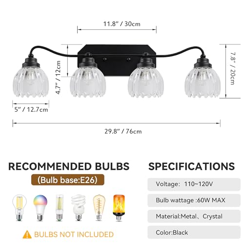 Image of Vintage Bathroom Light Fixtures, 4 Light Bathroom Vanity Light, Black Matte Antique Brass Finish with Crystal Glass Shade, Mid Century Wall Sconces for Bedroom, Living Room, Hallway