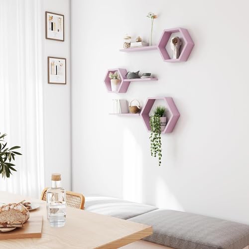 Image of Wooden Floating Shelves Wall Mounted - Set of 6 Hexagon Shelves Display for Photos,Plants,Rustic Honeycomb Shelves for Living Room, Bedroom,Bathroom, Kitchen, Office (Pink)