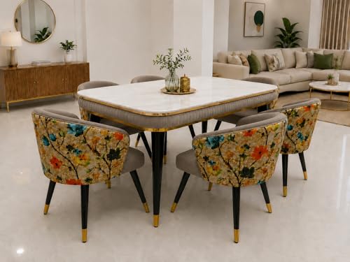 Image of WOODEN SPACE 6-Seater Wooden Dining Table Set | Nano Composite Marble Top | Solid Wood Base | Modern Dining Room Furniture with 6 Chairs (Printed Brown)