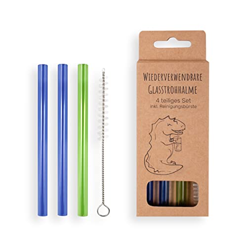3 Stück Glasstrohhalme Grün/Blau | wiederverwendbar | Glastrinkhalm | Kinder Strohhalme | Spülmaschinenfest | inklusive Reinigungsbürste | 12 cm lang für Kinder 3 Stück | +Bürste