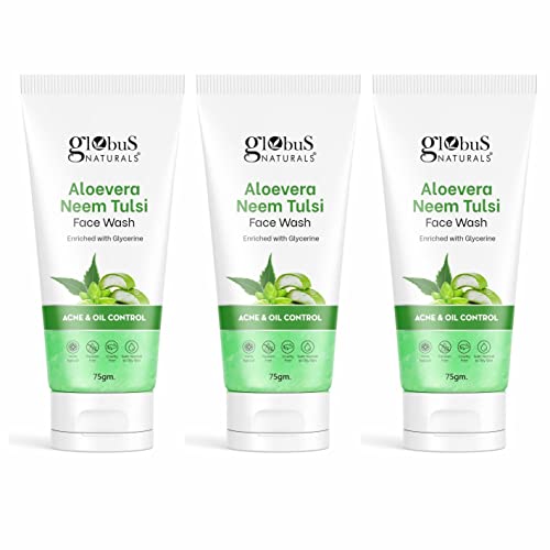 Image of Globus Naturals Aloe Vera Neem Tulsi Face Wash, Enriched With Glycerine, Fights Acne & Excess Oil, Deep Pore Cleansing, For Men & Women All Skin Types 75gms (Pack of 3)