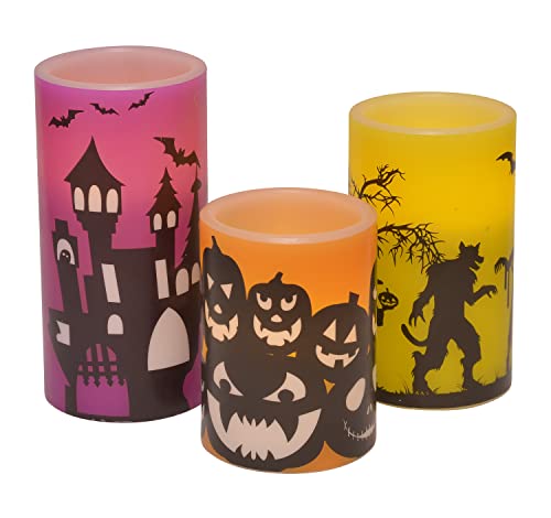 Image of Mark Feldstein & Associates Halloween Haunted House Silhouette Flameless LED Wax Candle Pillars, 3 Piece Set, 6 Inch