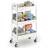 Sekey Rollwagen, Küchenwagen mit 3 Ebenen| Stahl-Gestell und -Ablagekörbe| 360°-Gummiräder mit Bremse| Glatt Lackiert, Rostfest| mit Griff| für Küche, Bad, Büro, Wohnzimmer, Schlafzimmer| Weiß
