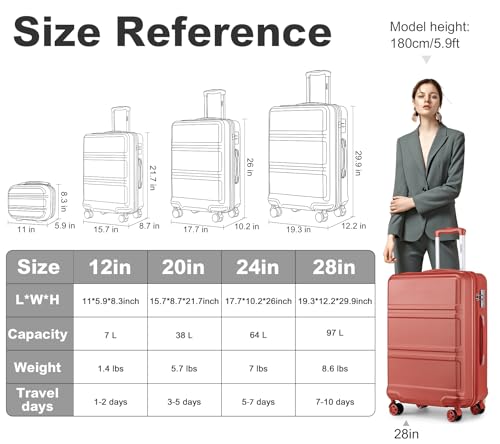 Kono 4 Piece Luggage Sets Lightweight with Spinner Wheels TSA Lock Hardside Travel Rolling Suitcases 20in 24in 28in Carry on and 12in Mini Cosmetic Case Coral Pink - Image 3
