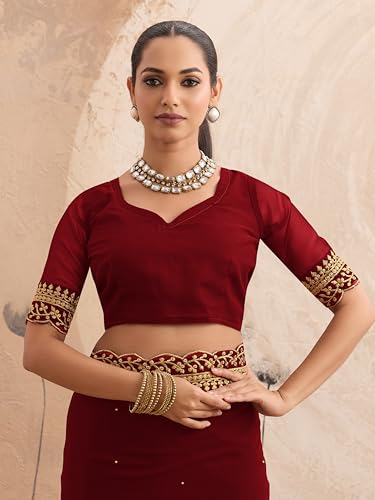 Image of Women's Georgette Embroidery Border Beads work Saree with Blouse Piece
