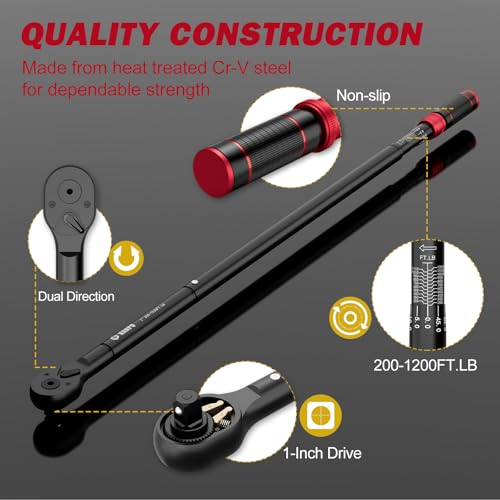 Image of VANPO 1-inch Drive Click Torque Wrench, 200-1200 Ft-Lb,for Trucks | 271-1626 Nm, 48.03'' Length, 48-Tooth, Heavy-Duty Torque Wrench Set with a Hex Key & Industrial Machinery