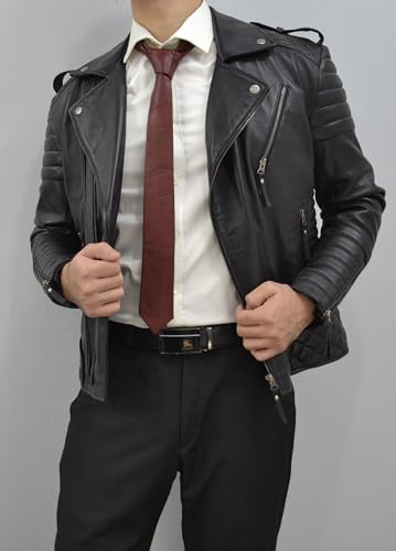 Image of Mens Lamb Leather Necktie - Skinny Solid Casual Business Wear Narrow Leather Slim Tie- Neckties for Party Wedding Gift