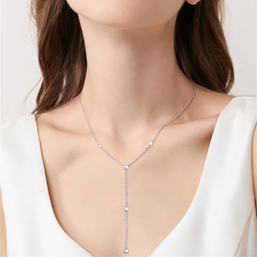 EPIRORA Y-Shaped Lariat Necklace for Women, Dainty Long Layered CZ Teardrop Pendant Necklace 14K Silver/Gold Plated Adjustable Chain Trendy Jewelry Gifts for Women3
