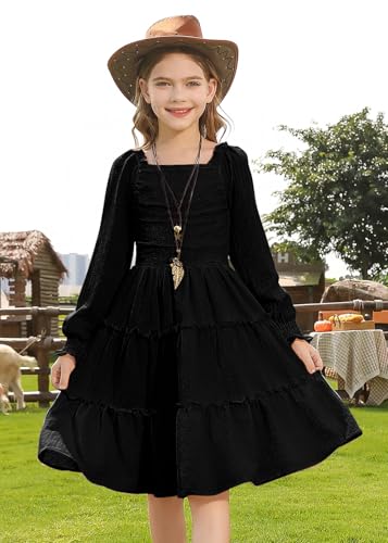 HOZIY Girls Long Sleeve Dress Ruched Smocked Tiered Ruffle A-Line Casual Boho Teen Dresses with Pocket Size 6-16 Years