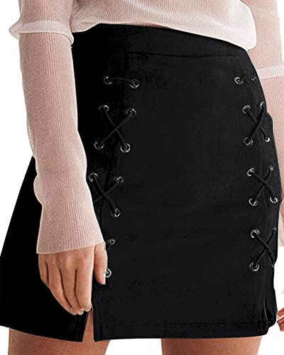Image of MANGOPOP Women's Classic High Waist Lace Up Bodycon Faux Suede A Line Mini Pencil Skirt, A01 Black, X-Small