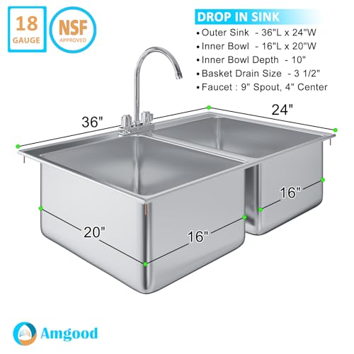Image of Stainless Steel 2 Compartment Drop-In Sink. Bowl 16 in. x 20 in. x 12 in. With Faucet